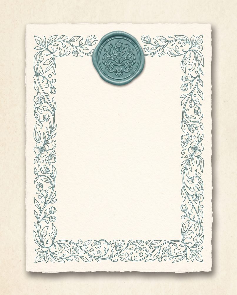 Sample invitation card: a hand-illustrated botanical border with a teal wax seal.